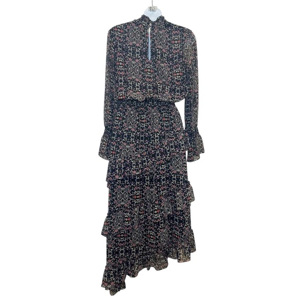 Misa Raina asymmetrical midi dress size XS mixed ditsy floral ruffle mock neck - Picture 6 of 13